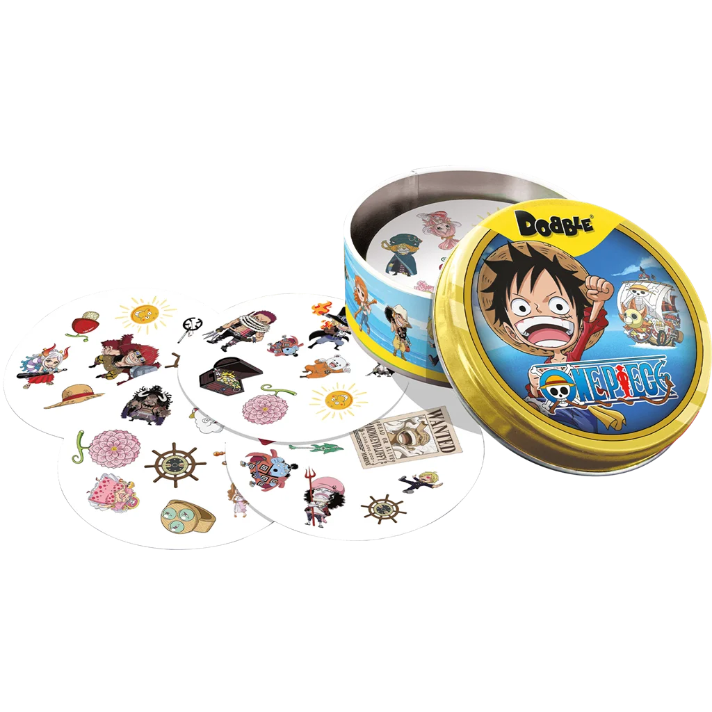 Lata y cartas redondas de la edición española de Dobble One Piece