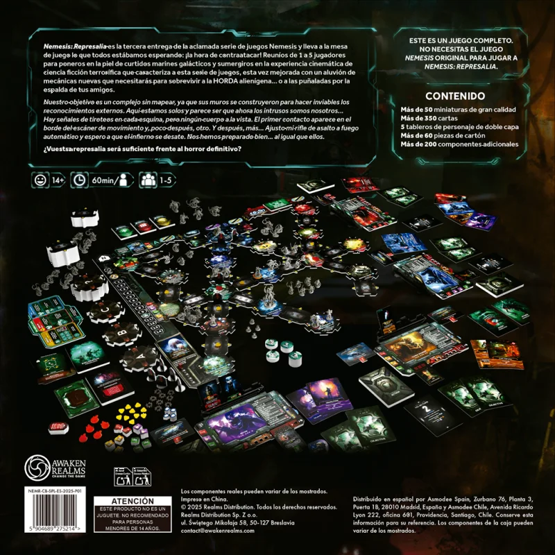 Despliegue completo de la edición española de Nemesis Represalia con el complejo modular, marines, Intrusos, cartas y fichas