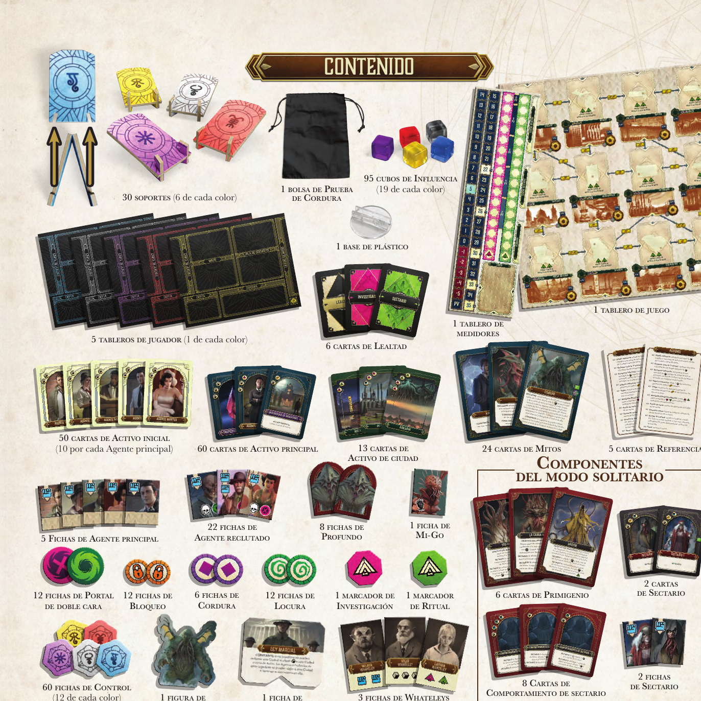 Componentes de la edición española de Cthulhu Dark Providence con tablero, cartas, agentes, cubos y fichas