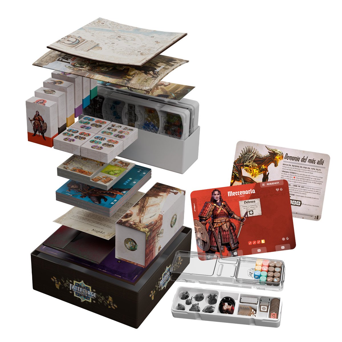 Caja, mapas, héroes, miniaturas, dados y cartas en español de Fateforge Crónicas de Kaan