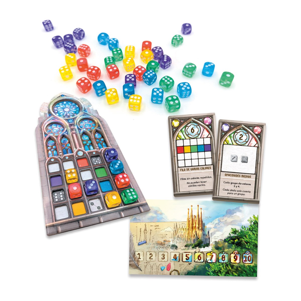 Componentes de la edición española de Sagrada con dados de colores, tablero de vidriera, cartas y fichas de Donativo