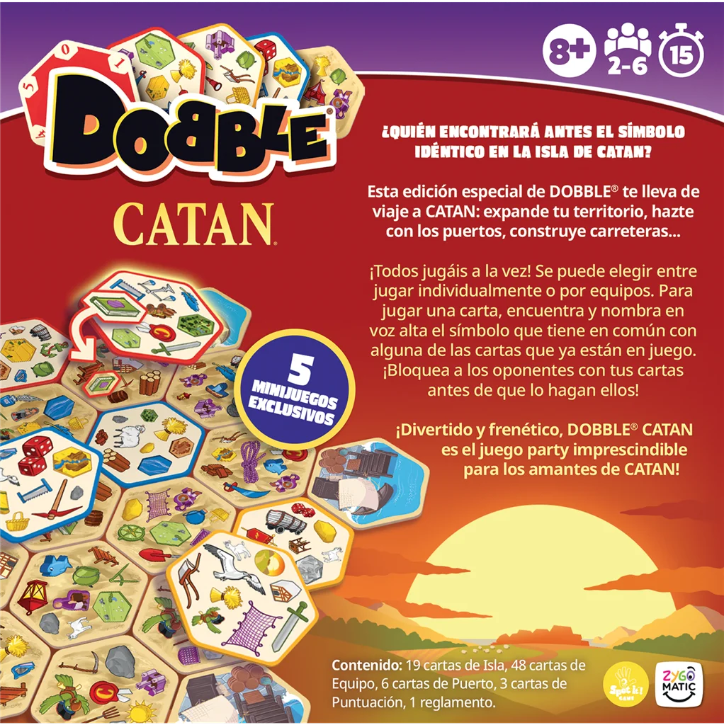 Cartas y componentes de Dobble Catan