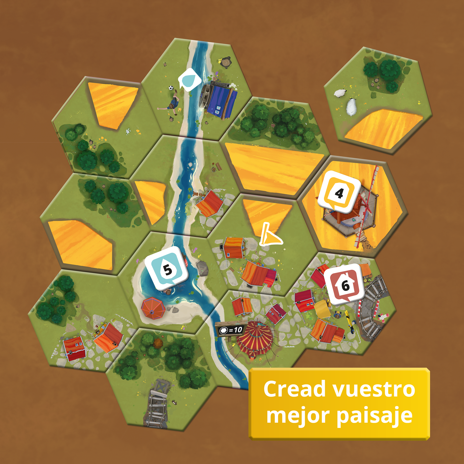 Paisaje de Dorfromantik con losetas hexagonales, río y fichas de misión