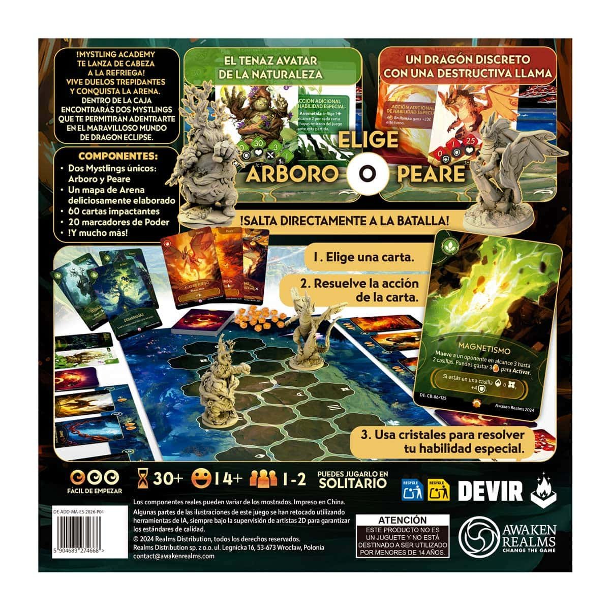Contraportada de la edición española de Mystling Academy Peare contra Arboro con la Arena, miniaturas y una carta Magnetismo en español