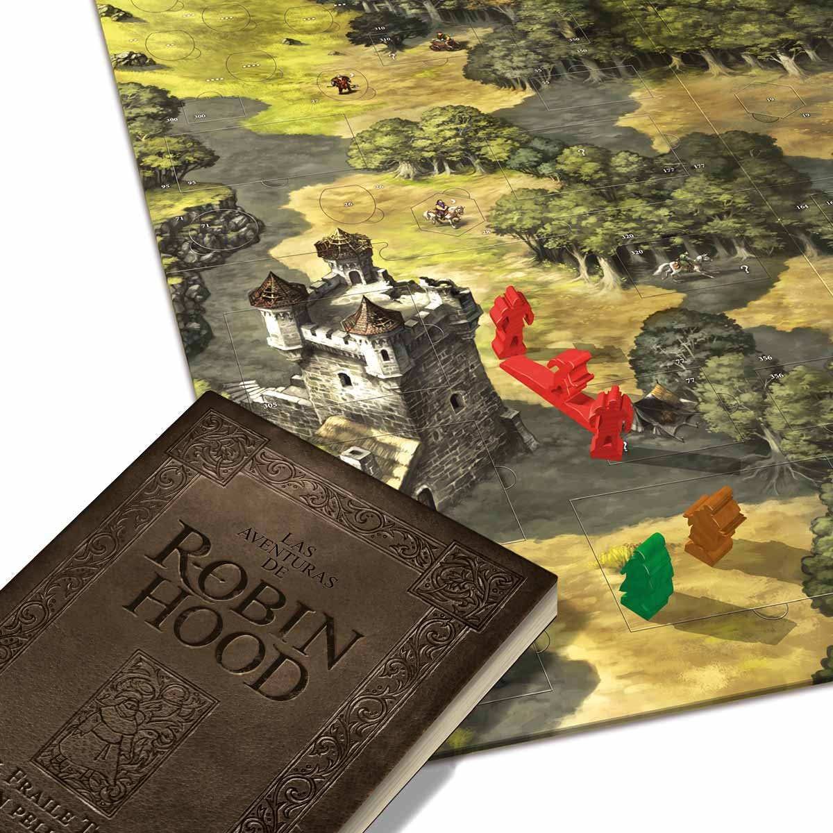 Tablero ampliado, libro y figuras de El Fraile Tuck en Peligro junto al material de Las Aventuras de Robin Hood