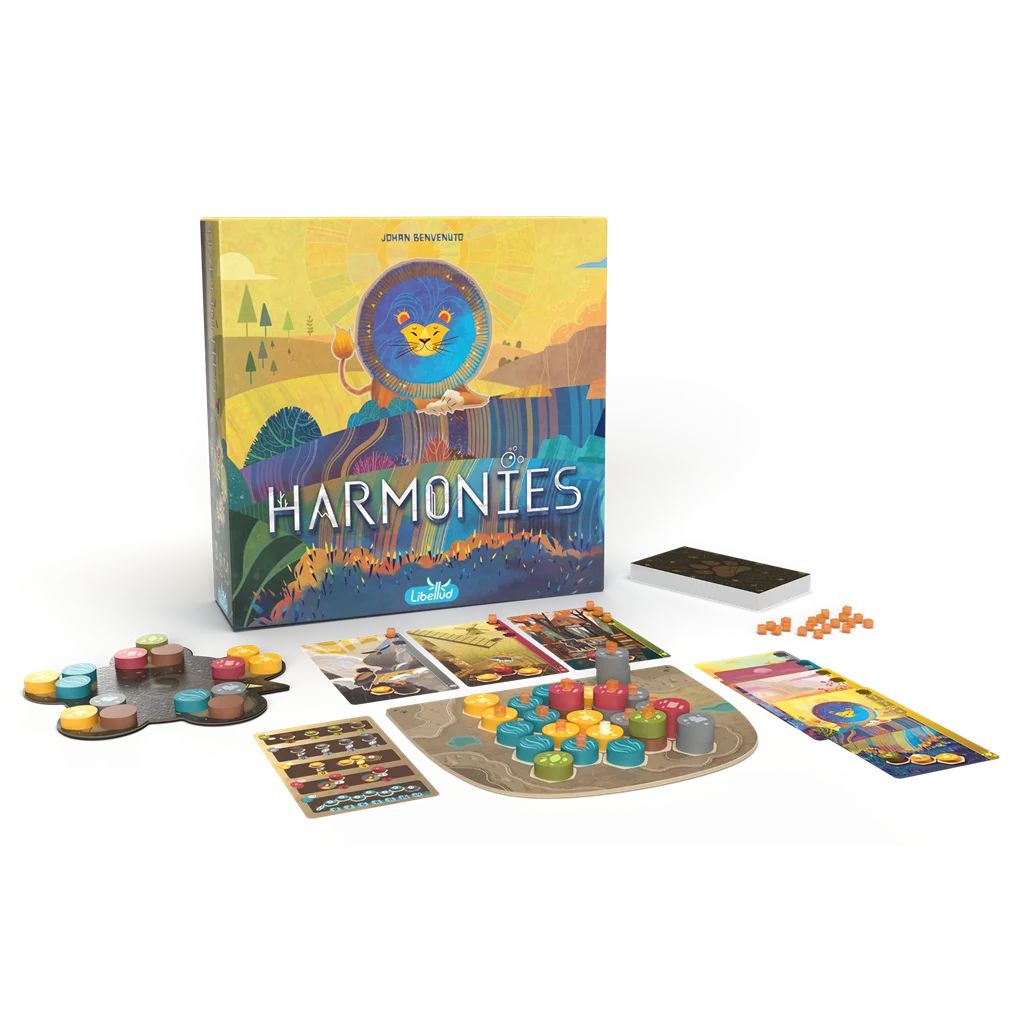 Caja, tablero central, tablero personal, fichas, cartas y cubos de la edición española de Harmonies