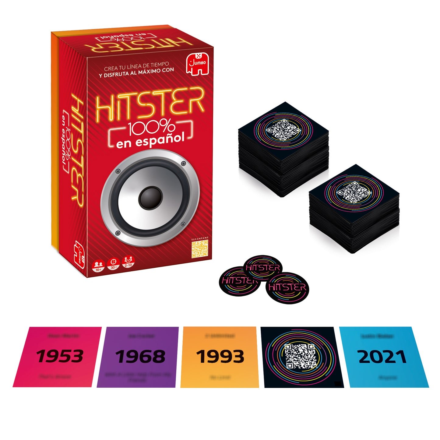 Caja española, tarjetas QR, fichas y ejemplos de años de Hitster 100% en español