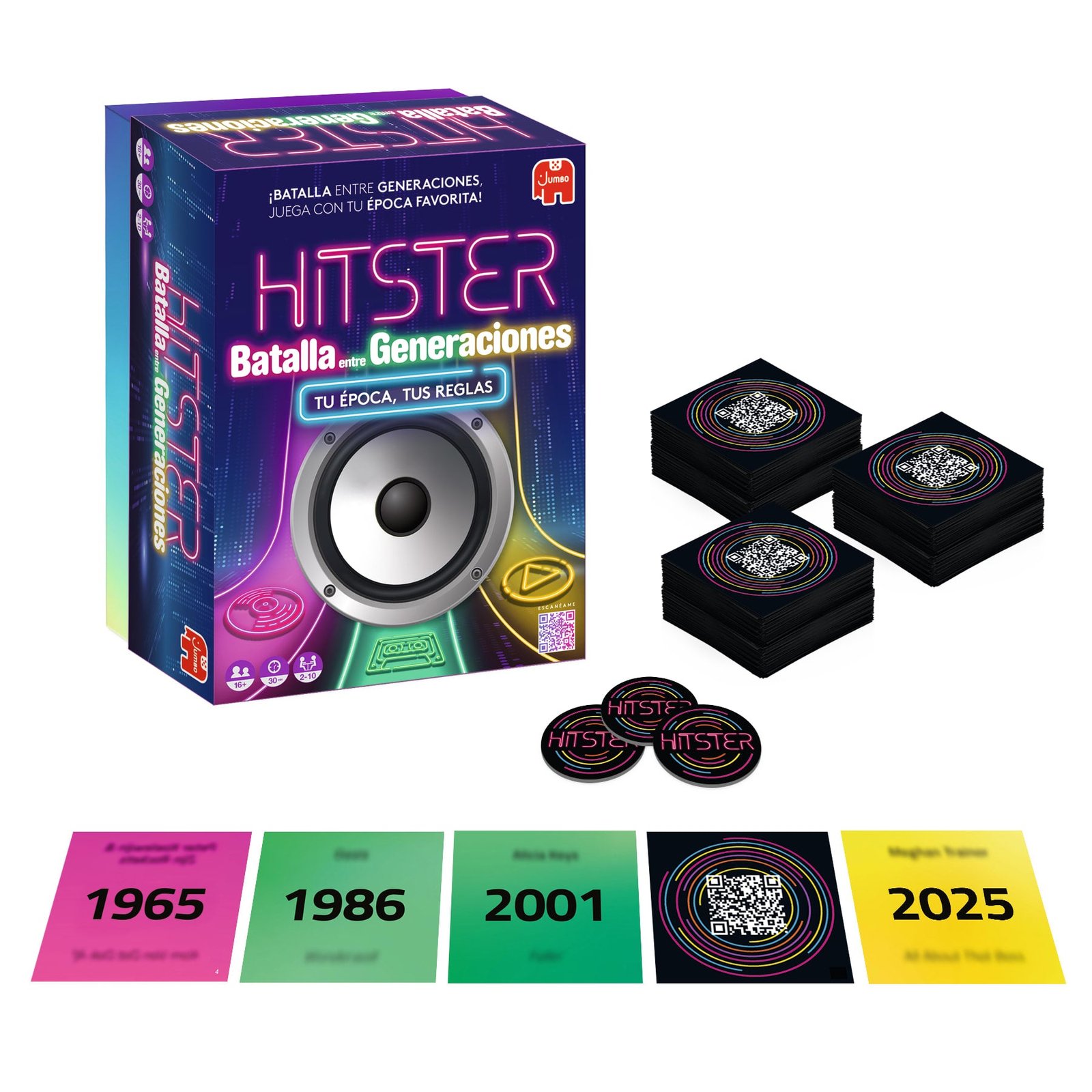 Caja española, tres mazos, tarjetas y fichas de Hitster Batalla entre Generaciones
