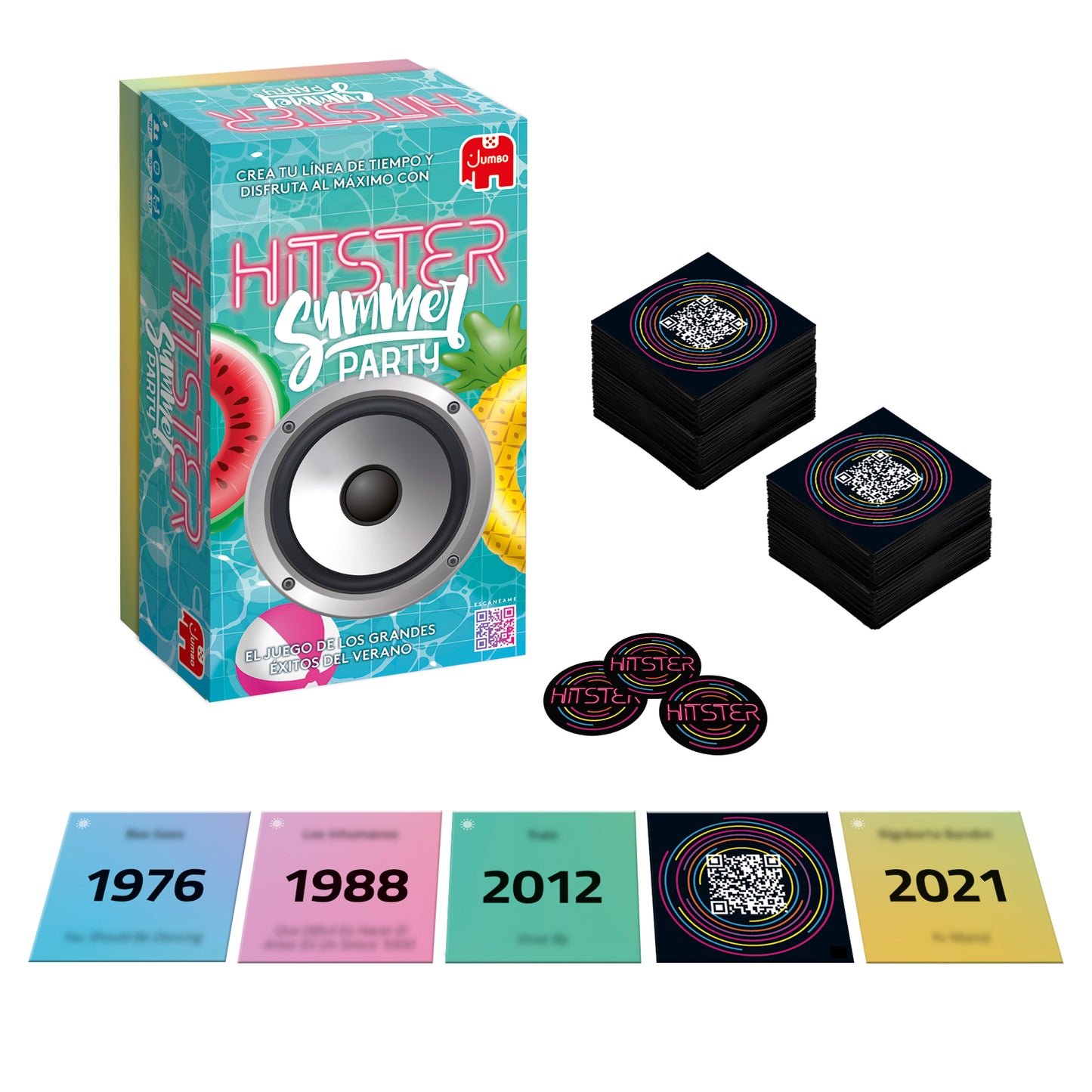 Caja española, cartas con códigos QR y fichas de Hitster Summer Party