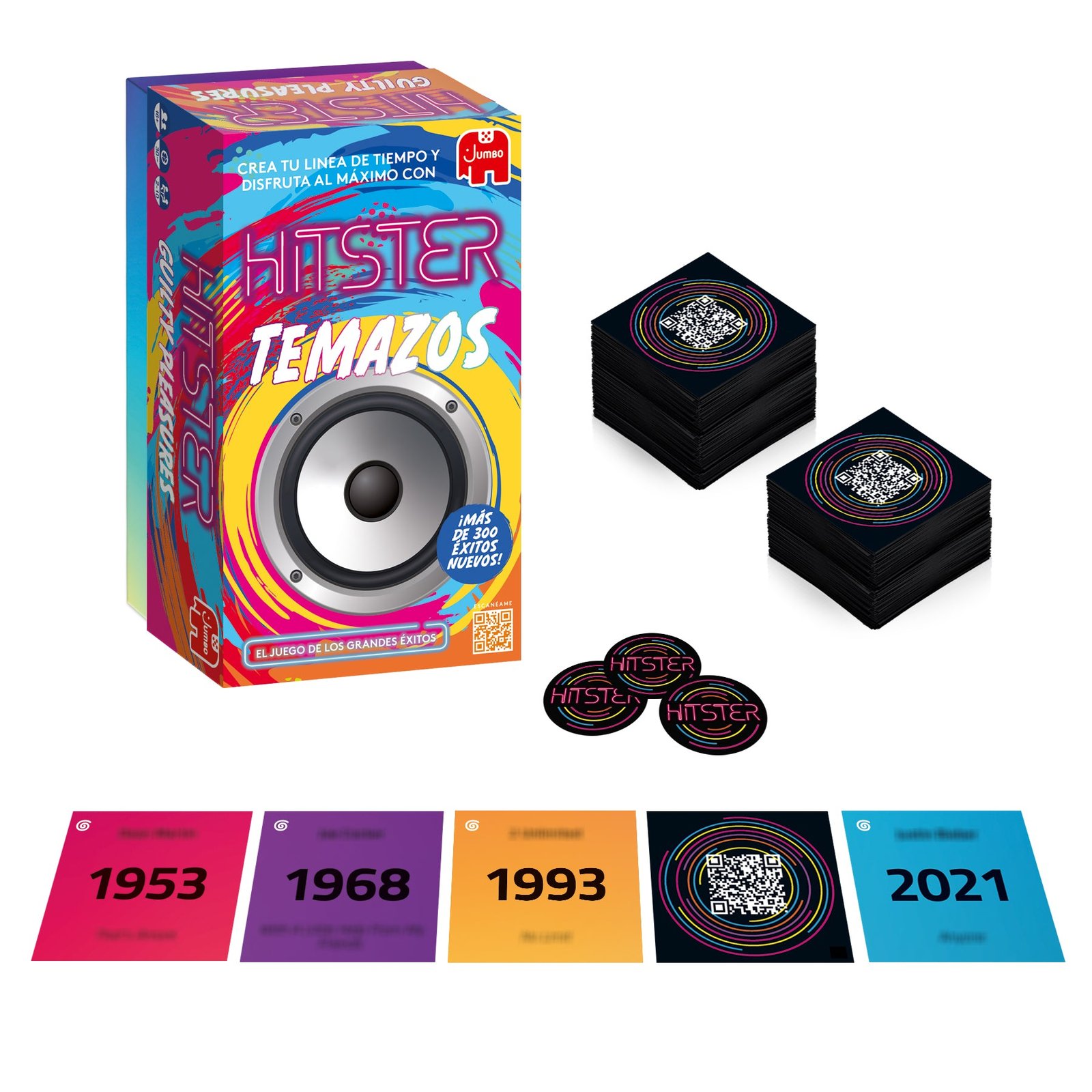 Caja española, cartas con códigos QR y fichas de Hitster Temazos