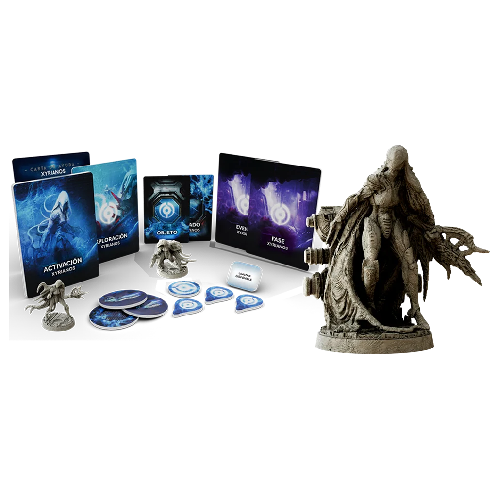 Tres miniaturas y cartas y fichas españolas de Nemesis Represalia Xyrianos