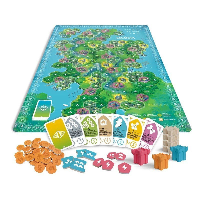 Edición española de Rebirth desplegada con tablero de Escocia, losetas, castillos, catedrales y cartas