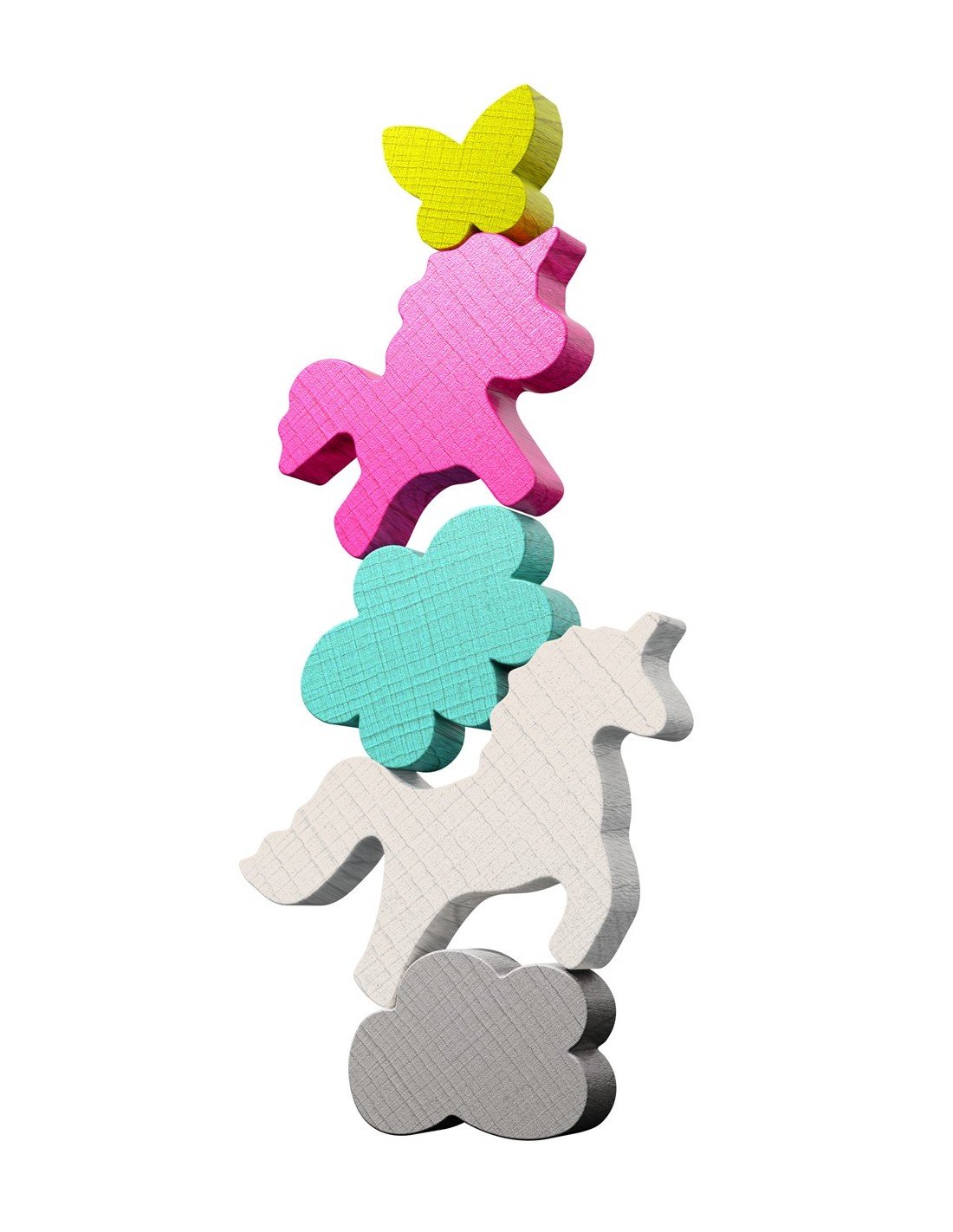 Cinco figuras de madera de Stacking Challenge Unicorns — mariposa, dos unicornios, flor y nube — apiladas sobre fondo blanco