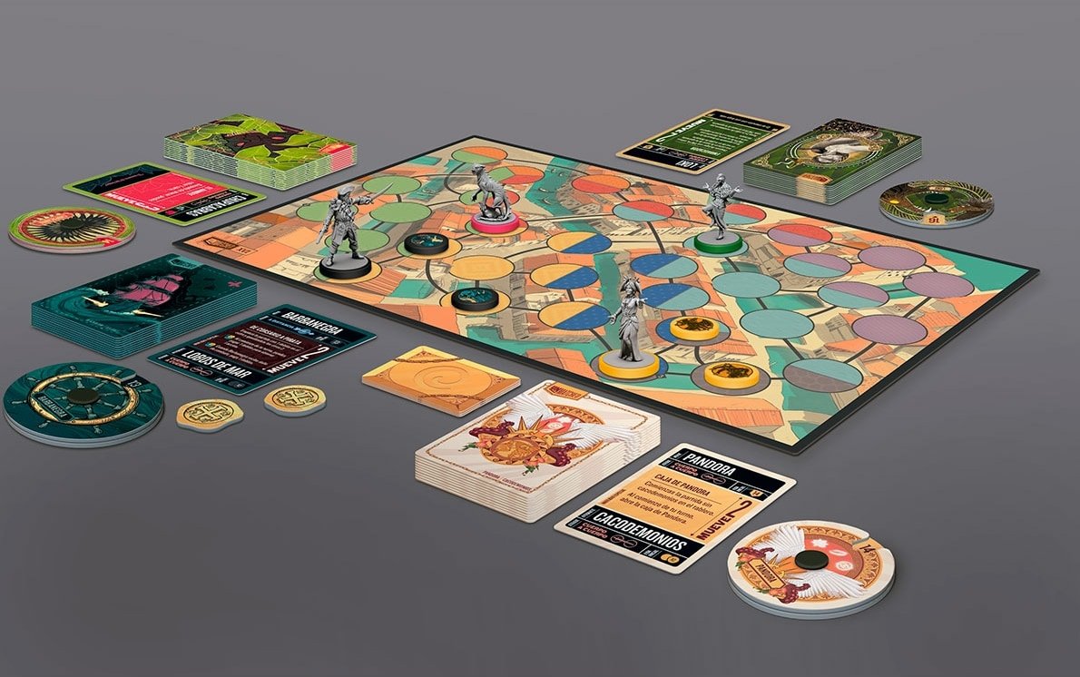 Tablero, cuatro miniaturas, mazos, diales y fichas de Unmatched Battle of Legends Volumen 3 en español